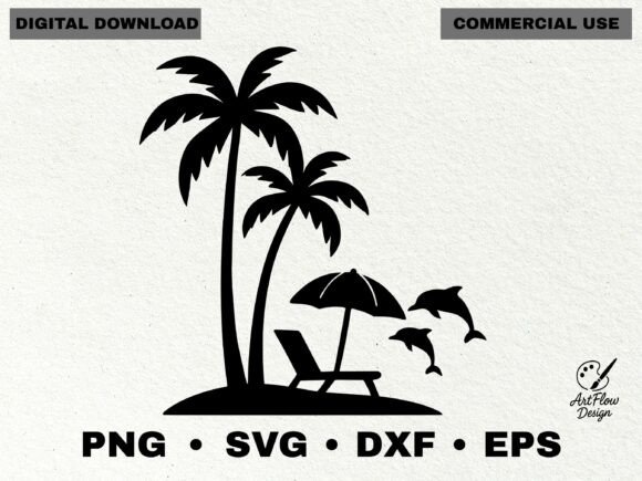 Tropical Beach Scene Silhouette SVG Graphics and Illustrations