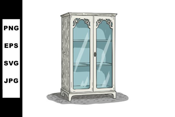 Vintage Wooden Glass Display Cabinet Wit Graphics & Illustrations